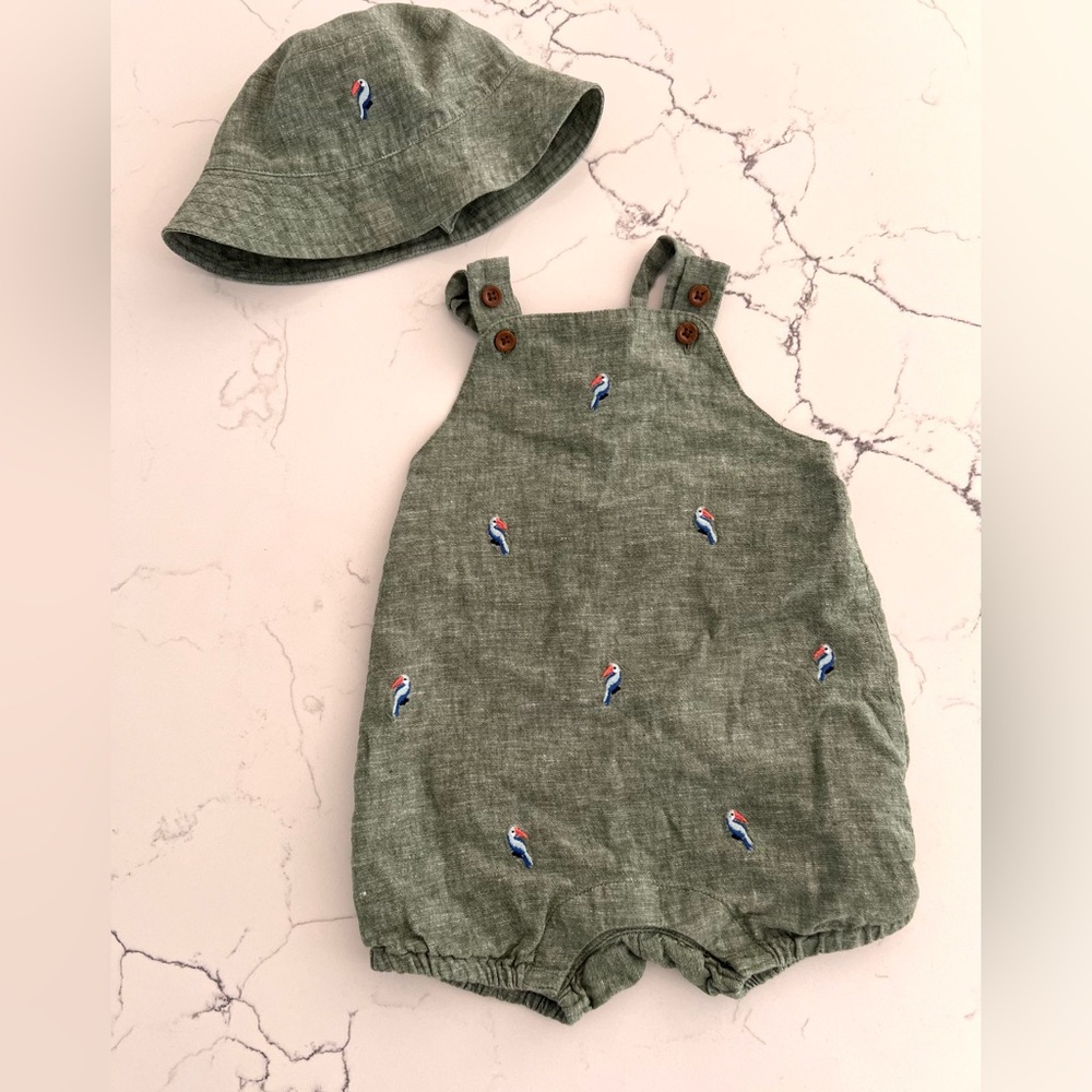 Janie and Jack Baby Embroidered Toucan Linen-Cotton Overall and Bucket Hat